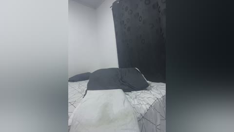 A video of a minimalist bedroom with a white bed, black pillow, and dark curtain with a subtle pattern. The room is dimly lit, emphasizing the stark contrast of colors.