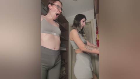 Video of two women in matching gray athletic wear; one with glasses and the other with tattoos, surprised in a closet.