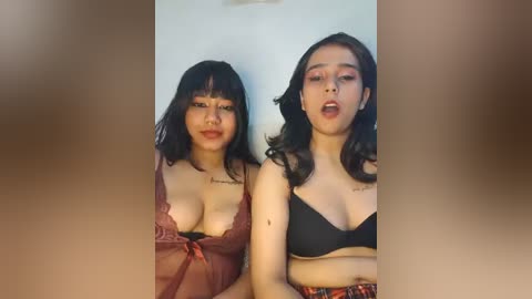 Video of two women with light brown skin, wearing lingerie; one in a sheer burgundy top, the other in a black bra. Background is blurred.