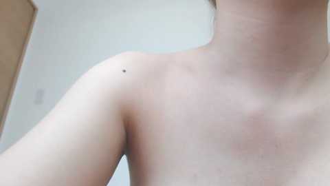 Video of a topless person with fair skin, showing a mole on the upper arm. The background is a plain, light-colored wall with a wooden door partially visible on the left.