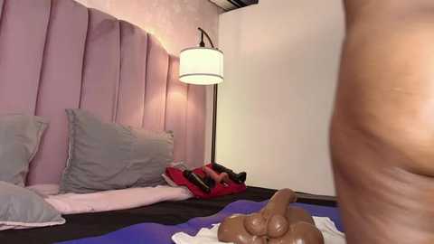 Video of a dimly lit bedroom with a large, erect penis on a purple mat, a white lampshade, and pink cushions on a bed.