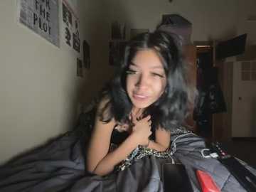Video of a young woman with long, wavy black hair, lying on a bed, smiling, in a dimly lit room with posters, a TV, and a door in the background.