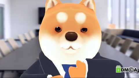 A CGI image of a Shiba Inu dog wearing a blue and black suit, standing in a modern, minimalist room with a conference table and chairs.
