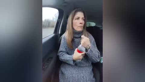 A video shows a woman in a gray turtleneck sweater, wearing a red and gray seatbelt, seated in the car. The background features blurred trees and a cloudy sky, suggesting a winter setting.