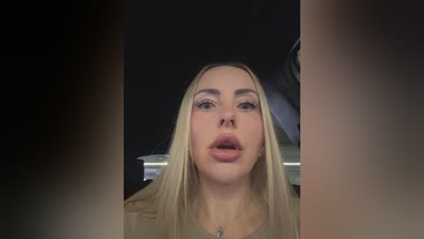 Video of a fair-skinned, blonde woman with straight hair, wearing a beige top, with a neutral expression and parted lips. The background is dimly lit, possibly inside a vehicle.