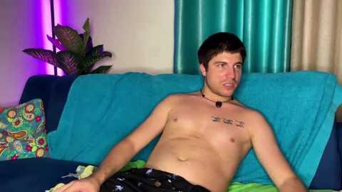 Video of a shirtless, slim, young man with short dark hair, wearing patterned shorts, reclining on a teal sofa with a green pillow, in a room with teal curtains and a potted plant.