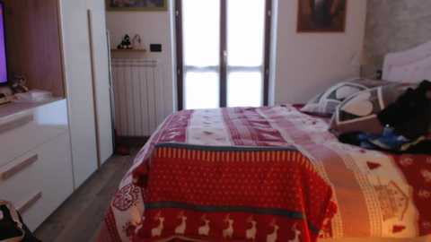 Video of a cozy bedroom with a double bed covered in a red and white reindeer-patterned quilt. The room features white walls, a white dresser, and a radiator next to a set of French doors.