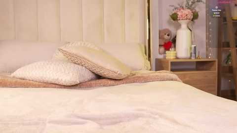 Media: Video of a cozy bedroom with a beige headboard, white bedspread, and a wooden nightstand with a vase of pink flowers and a teddy bear.
