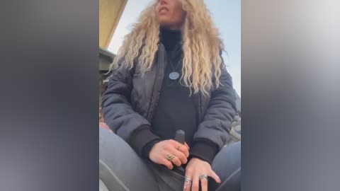 Video of a woman with long, wavy blonde hair, wearing a black turtleneck and a dark puffy jacket, seated with legs spread, holding a black object between her legs, possibly a phone. Background shows a blurred outdoor scene.