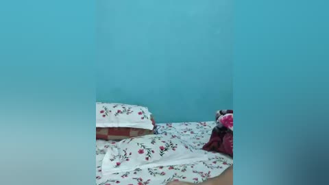 Video of a child\u2019s bedroom with a single bed covered in a floral-patterned white sheet and a red pillow. The room is dimly lit, and the background is a pale blue.