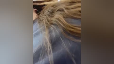 A close-up video of a person's shoulder and upper back. The subject has long, blonde hair flowing over a blue denim shirt. The background is blurred, focusing on the texture and movement of the hair.