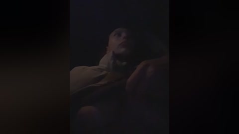 A dimly lit video of a woman with long, dark hair, wearing a light-colored, possibly white, shirt, sitting in a dark, shadowy room, with her face partially obscured by the dim light.