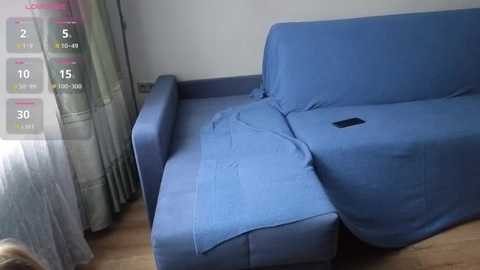 Video of a blue, plush sectional sofa covered with a blue blanket in a minimalistic living room with wooden floor and sheer green curtains.