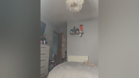 A video of a dimly lit bedroom with a bed, beige bedspread, and a chandelier, featuring a dresser, open closet, and a wall-mounted shelf with decorative items.