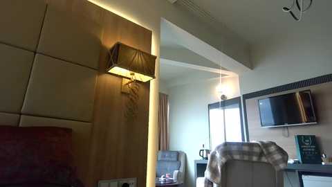 Video of a modern hotel room with beige walls, wooden paneling, a large window, two chairs, a TV, and a cozy blanket on a couch.