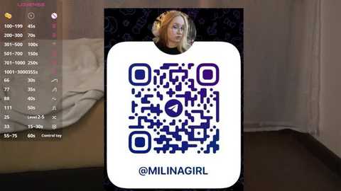 Video of a white woman with blonde hair, wearing glasses, and a white shirt, taken in a dimly lit room. Overlayed QR code with Chinese characters and \"@MilinaGirl\" text.