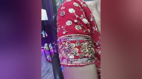 Video of a person wearing a rich, red, embroidered saree with intricate gold floral patterns. The background shows a blurred, colorful room with a lamp. The saree's texture appears luxurious.