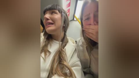 Video of two women in a subway car: one with long hair in braids, mouth open in distress, and another covering her face, crying.