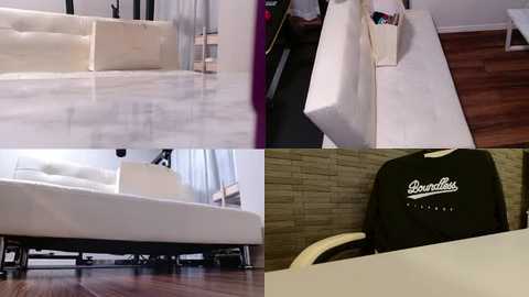 Video of a modern, minimalist living room with white couch, white wall, wooden floor, and a black backpack with \"Downhill\" logo on the right.