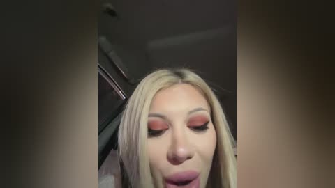 Video of a close-up of a blonde woman with makeup, wearing pink eyeshadow and lipstick, leaning towards the camera, creating a playful, slightly distorted effect.
