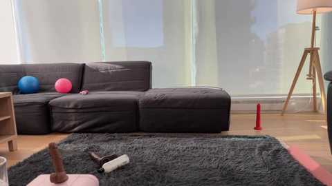 Video of a modern, minimalist living room with a gray sectional sofa, two colorful balls, a red candle, and a wooden floor lamp.