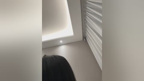 Video of a minimalist room with a bright light emanating from the left wall, casting soft shadows. A person with long black hair is partially visible in the foreground, standing near a white, ribbed radiator.