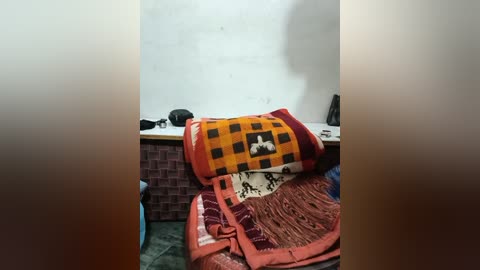 A video of a small, cluttered room with a brick wall, a white sink, and a bed with a red, orange, and white checkered blanket. A shadowy figure stands in the background.