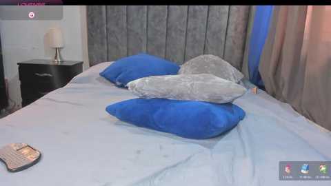 Video of a modern bedroom with a plush, light gray upholstered headboard. The bed is neatly made with light blue sheets and two large, matching blue and gray throw pillows. A remote control is placed on the left side of the bed.