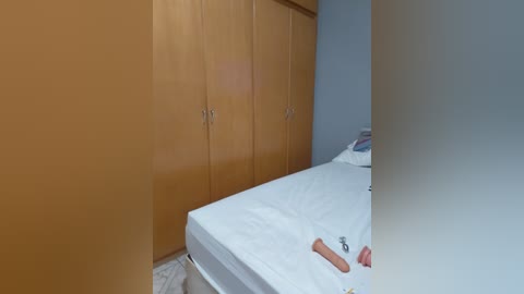 A video of a simple bedroom with a white bed, a wooden wardrobe, and a light blue wall. The bed has a white comforter and a small, pink plush toy on it.