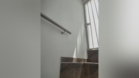 Video of a modern, minimalist interior featuring a metallic handrail, smooth white walls, and a large window with vertical blinds.