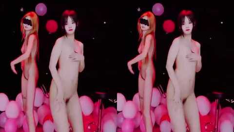 A video of two nude women with long hair and black masks dancing against a dark backdrop, surrounded by pink balloons.