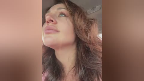 Video of a young woman with fair skin, long brown hair, and blue eyes, looking upward, possibly in a bathroom, with a blurred, brown background.