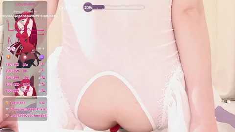 Video of a fair-skinned woman in a sheer, white, lace-trimmed bodysuit, showcasing her bare buttocks, with chat bubbles and a thermometer graphic overlay.