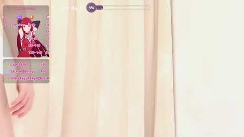 A digital video depicting a pale-skinned, slender anime girl with dark hair, wearing a red and white striped dress, standing in front of beige curtains. The image includes a digital menu with text options in the upper left corner.