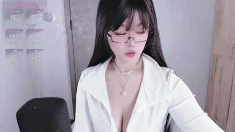 A video of an Asian woman with long black hair and glasses, wearing a low-cut white shirt, sitting in an office with a thermometer and calendar in the background.