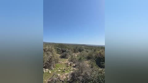 A video of a vast, arid landscape under a clear blue sky. Sparse vegetation, rocky terrain, and distant hills dominate the foreground and background. The image has a slight blur effect, possibly due to motion.