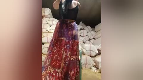 Video of a person, likely female, wearing a black sleeveless top and a long, vibrant red and gold patterned skirt, standing in a room filled with large white sacks of rice, possibly in a rural or market setting.