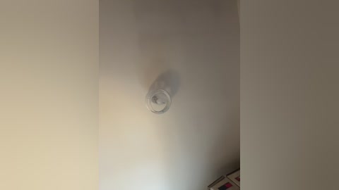 Video of a beige ceiling with a round, white vent fan emitting a faint, misty vapor, creating a soft, diffused light. The background is a plain, unadorned wall.