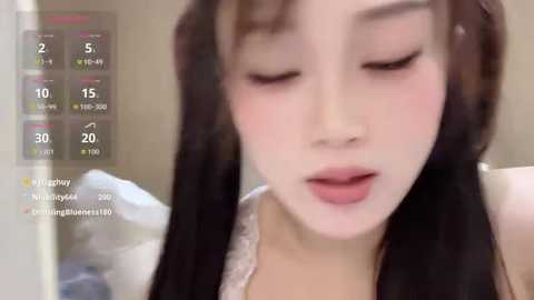 A blurry, candid photo of an Asian woman with light skin, long dark hair, and closed eyes, wearing a white lace top. A digital clock and a social media post are overlaid on the left.