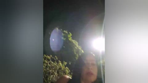 A blurry video captures a person holding a bundle of herbs in a dimly lit room. The person's face is partially visible, and there are lens flares and bokeh effects, suggesting a low-light setting.