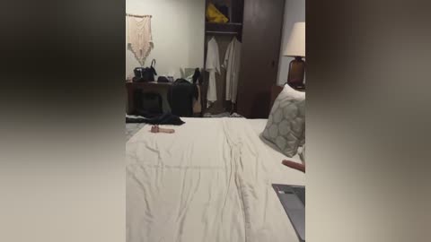 Video of a dimly lit hotel room with a bed, a beige blanket, a wooden headboard, a lamp, and a closet. The room appears tidy but lacks personal items.