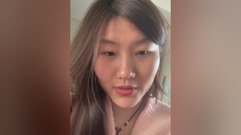 Video of a young Asian woman with long, straight brown hair, fair skin, and light makeup. She wears a light pink sweater and a necklace. The background is blurry, focusing on her face.