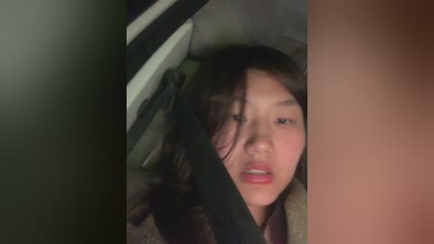 A video of a young Asian woman with long dark hair and pale skin, looking slightly disheveled, sitting in a car. The background shows a dark green and black interior.