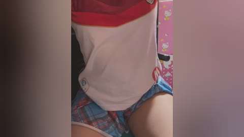 Media: Video of a young person wearing a white and red T-shirt, blue plaid shorts, and a pink and white polka-dot skirt, with a blurred background.