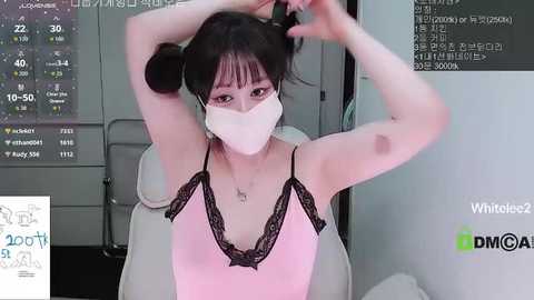 Video of an Asian woman with pale skin, wearing a pink camisole and black lace trim, a white mask, and a black hairband. She has dark hair and is seated in a white chair. Background includes a digital screen displaying a graph.