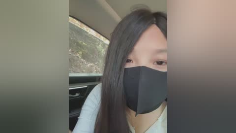 Video of an East Asian woman with long black hair, wearing a black face mask, sitting in a car, looking out the window at a green landscape.