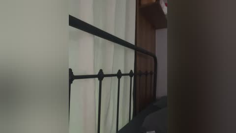 Video of a dark metal bed frame with vertical bars, partially covered by sheer white curtains, against a dimly lit, possibly wooden wall.