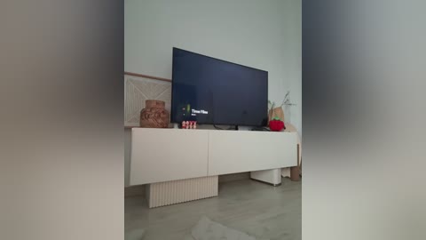 A video of a minimalist living room featuring a flat-screen TV mounted on a white console with a woven basket and decorative items on top, against a light-colored wall.