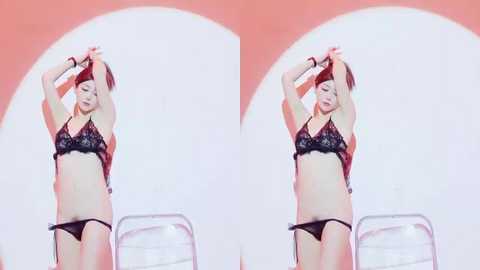 A digitally manipulated video shows a woman in black lace lingerie stretching against a pink and white backdrop, with a 3D effect.