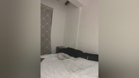 A dimly lit, minimalist bedroom with a white bed covered in a patterned white and gray sheet, a black pillow, and two white socks. The walls are plain white, and a vertical gray curtain with white patterns is partially visible on the left.